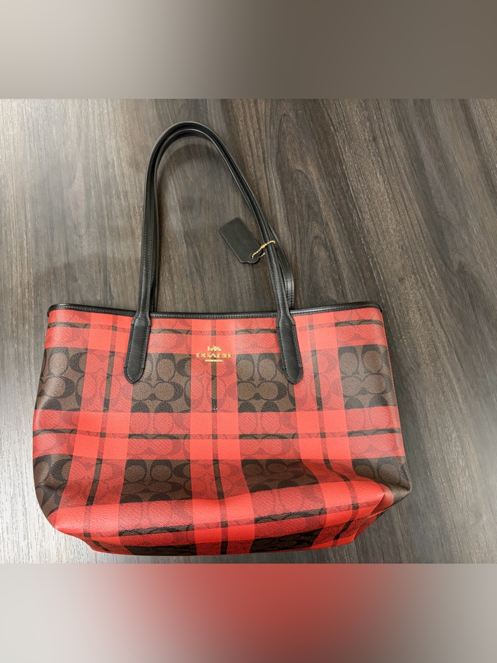 Coach Black Signature Canvas Tote with Red Plaid